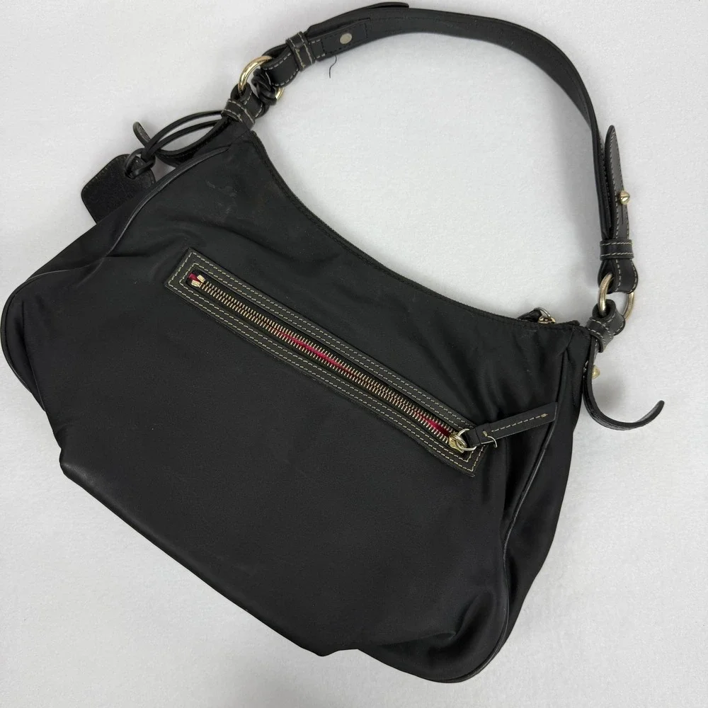 DOONEY & BOURKE Black Nylon Hobo Shoulder Bag Leather trim pink lining READ‎
